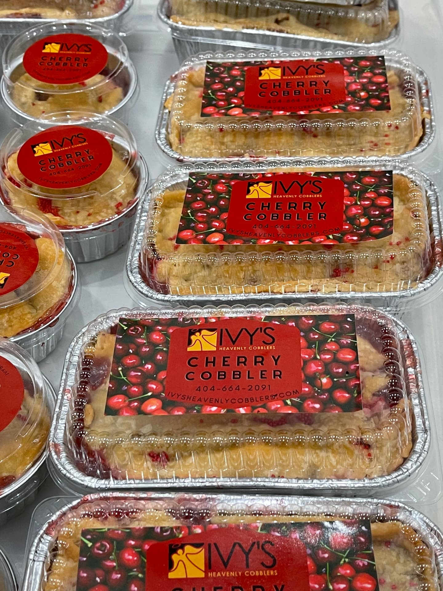 Labeled Ivy's cherry cobbler loaves and cups